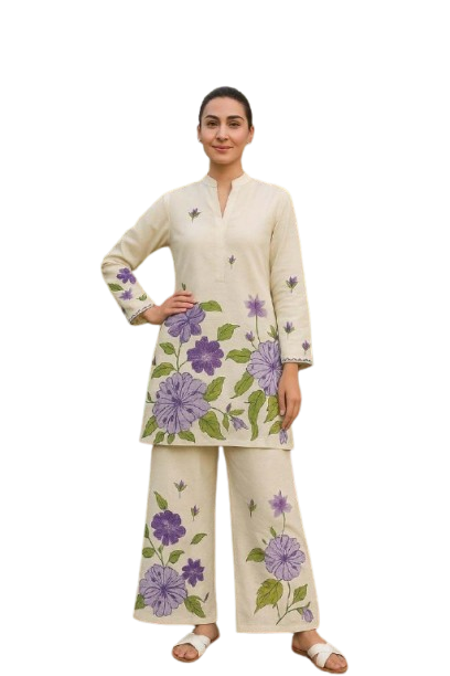 Woman wearing a cream-colored tunic and pants set with purple floral embroidery in a garden.